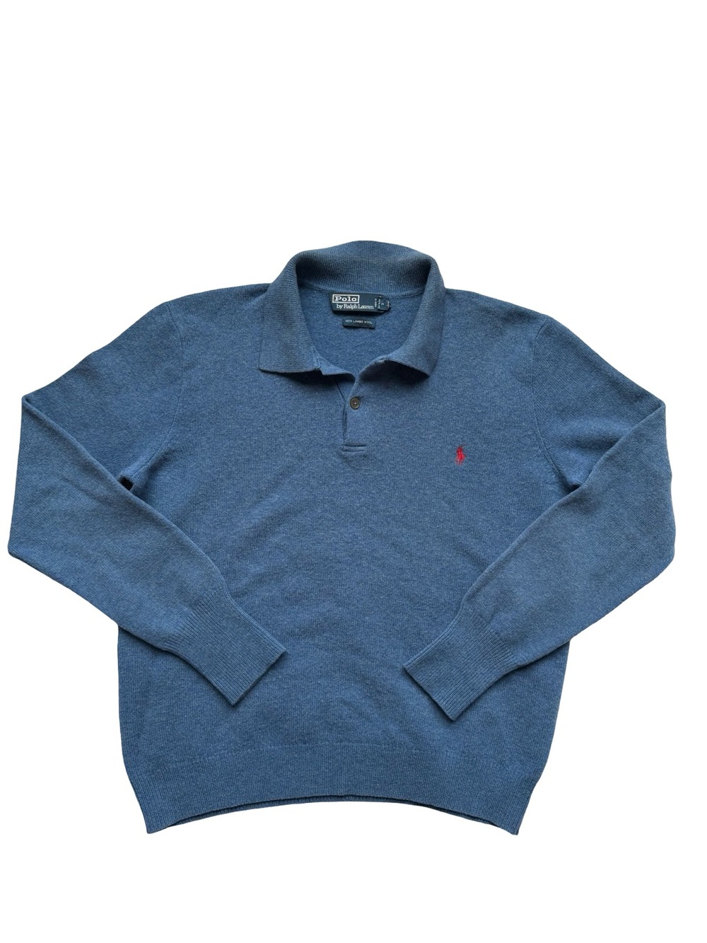 Ralph Lauren Lambswool Blue Long Sleeve Polo Sweater with Red Logo